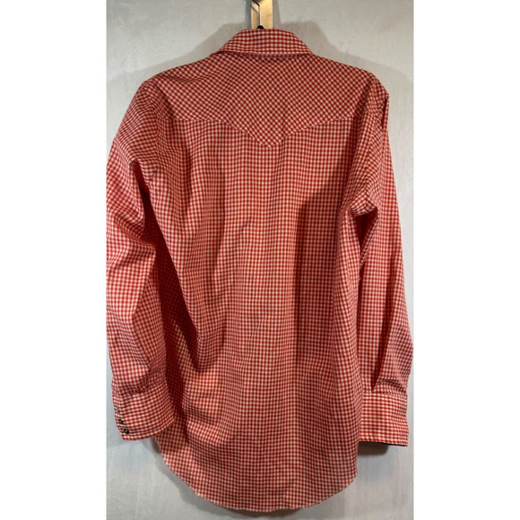 VTG Wrangler Red Check Pearl Snap Shirt Long Tails Single Needle 15.5 33 D25 - Picture 5 of 6